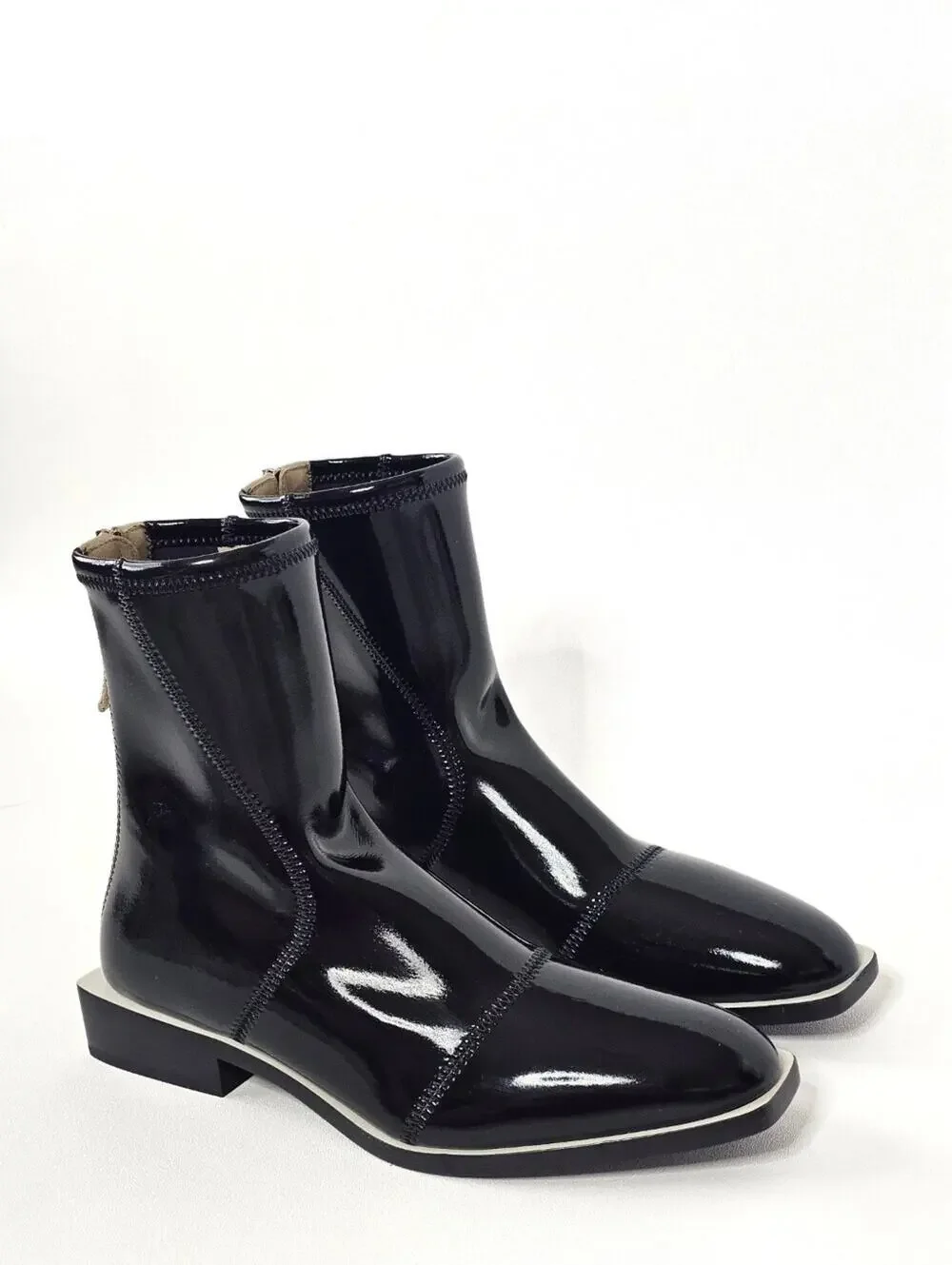 Fendi Glossy Neoprene F-Frame Ankle Boots Black 39.5 US 9.5 Square Toe